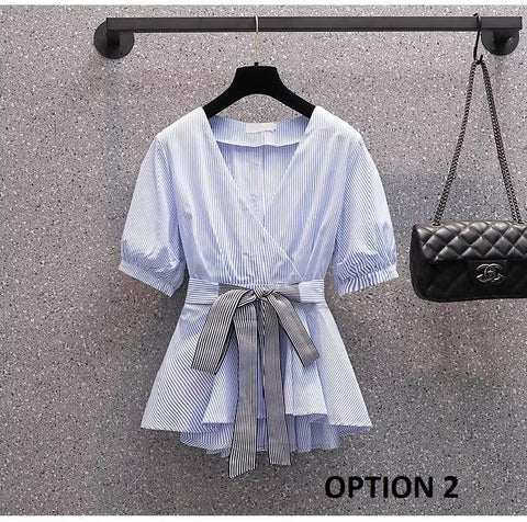Summer Loose Casual Tops V Neck Bow Knot Short Sleeve Blouse CODE: KAR3727