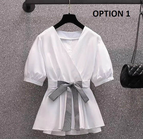 Summer Loose Casual Tops V Neck Bow Knot Short Sleeve Blouse CODE: KAR3727