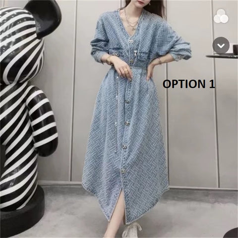 Autumn Jacquard  V-Neck Long Sleeve Chic Buttons Midi Vestido With Belt CODE: KAR3728