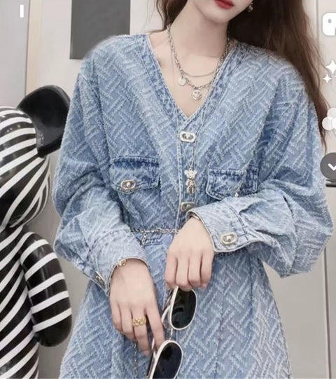 Autumn Jacquard  V-Neck Long Sleeve Chic Buttons Midi Vestido With Belt CODE: KAR3728