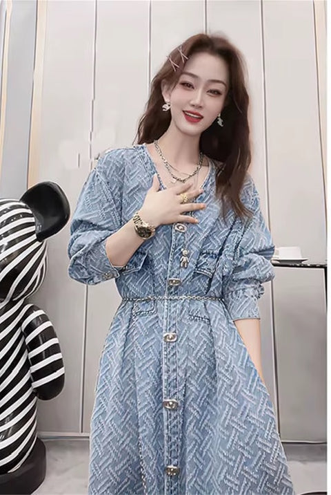 Autumn Jacquard  V-Neck Long Sleeve Chic Buttons Midi Vestido With Belt CODE: KAR3728