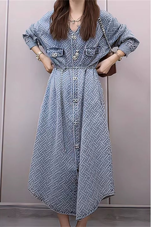 Autumn Jacquard  V-Neck Long Sleeve Chic Buttons Midi Vestido With Belt CODE: KAR3728