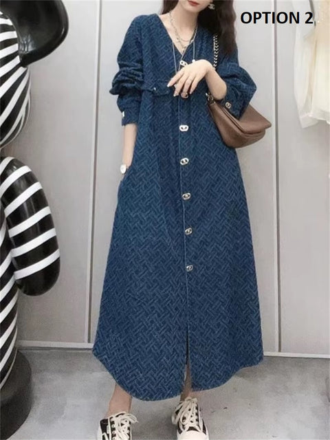 Autumn Jacquard  V-Neck Long Sleeve Chic Buttons Midi Vestido With Belt CODE: KAR3728