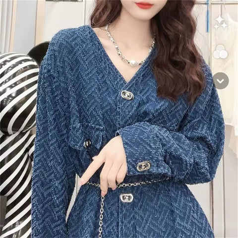 Autumn Jacquard  V-Neck Long Sleeve Chic Buttons Midi Vestido With Belt CODE: KAR3728