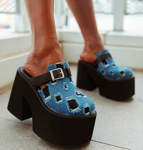 New Sexy Thick-heeled Denim Ripped Toe Head High Heel Shoes Slippers CODE: KAR3749