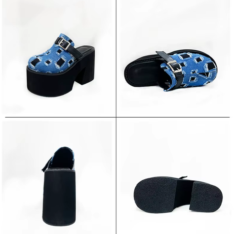New Sexy Thick-heeled Denim Ripped Toe Head High Heel Shoes Slippers CODE: KAR3749