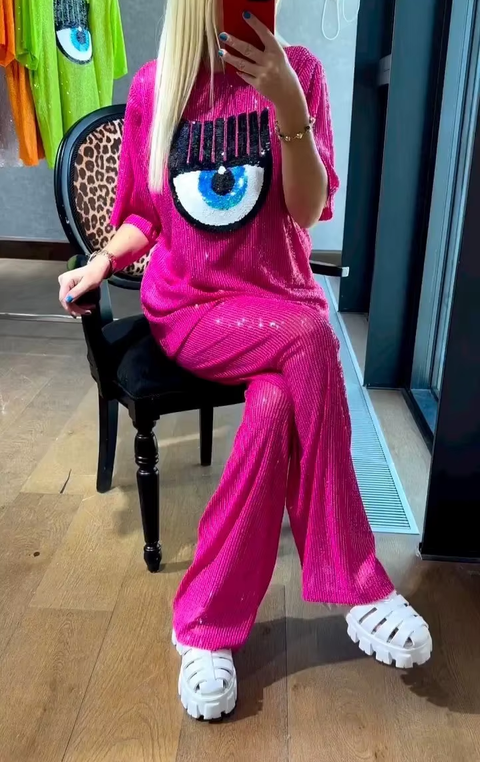 New Spring Casual Big Eyes O-neck Loose Design Sense Streetwear Two-piece CODE: KAR3756
