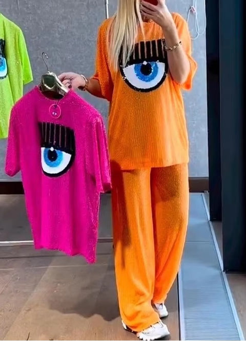 New Spring Casual Big Eyes O-neck Loose Design Sense Streetwear Two-piece CODE: KAR3756