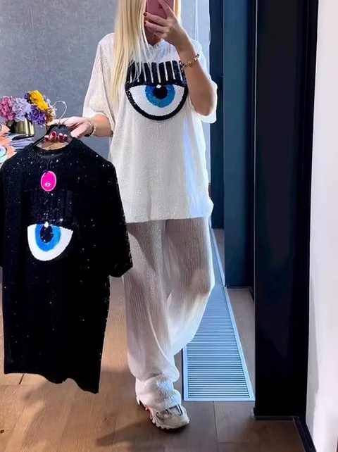 New Spring Casual Big Eyes O-neck Loose Design Sense Streetwear Two-piece CODE: KAR3756