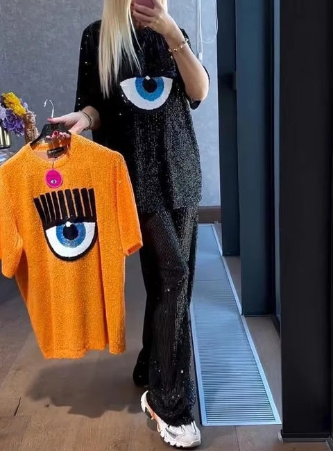 New Spring Casual Big Eyes O-neck Loose Design Sense Streetwear Two-piece CODE: KAR3756