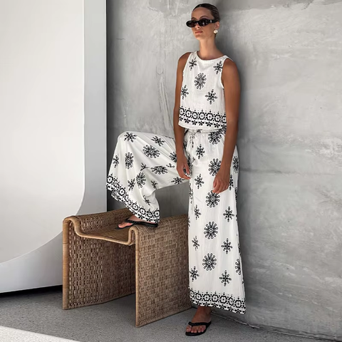 New Linen Vest Casual Loose Round Neck Sleeveless Print Two Pieces Set CODE: KAR3758