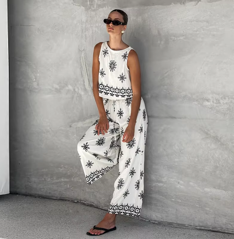 New Linen Vest Casual Loose Round Neck Sleeveless Print Two Pieces Set CODE: KAR3758