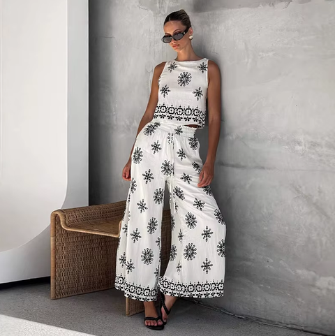 New Linen Vest Casual Loose Round Neck Sleeveless Print Two Pieces Set CODE: KAR3758