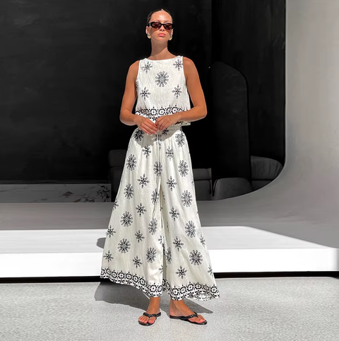 New Linen Vest Casual Loose Round Neck Sleeveless Print Two Pieces Set CODE: KAR3758