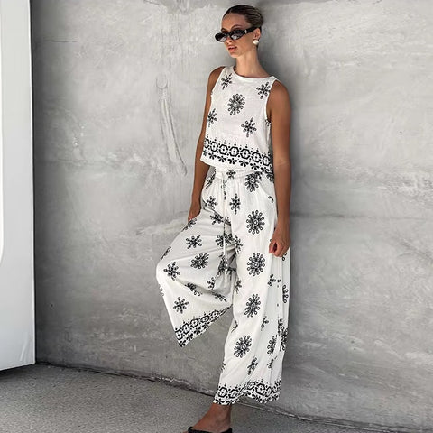 New Linen Vest Casual Loose Round Neck Sleeveless Print Two Pieces Set CODE: KAR3758