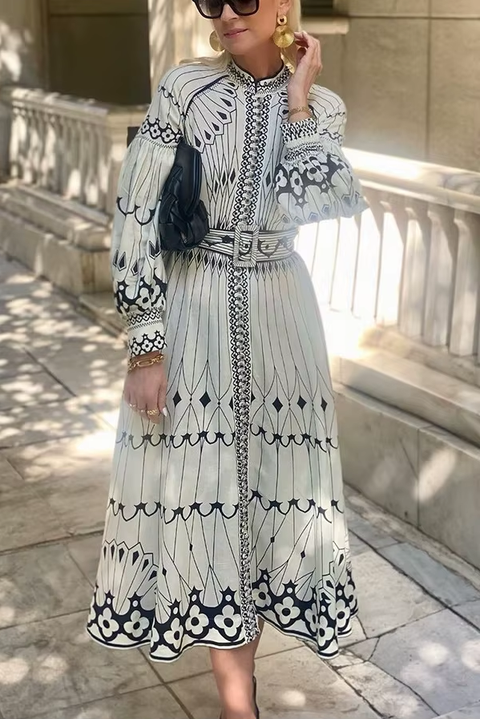 New Court Style Elegant Long-sleeved Belt Buckle Print Dress CODE: KAR3762
