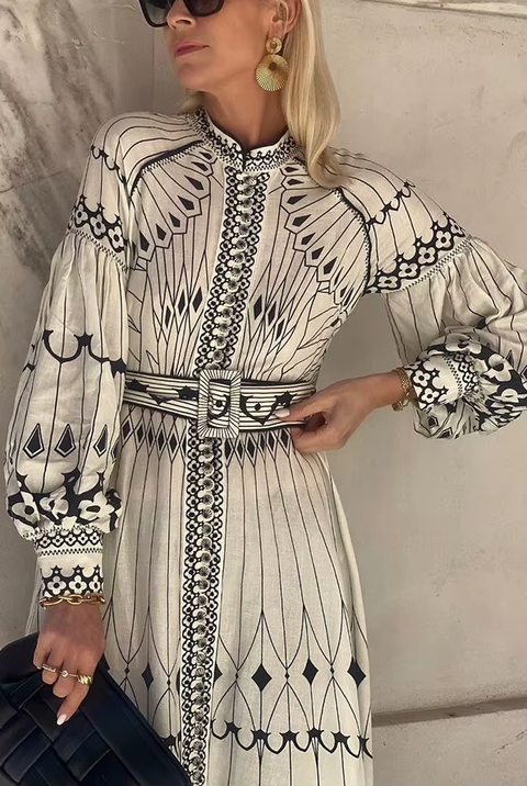 New Court Style Elegant Long-sleeved Belt Buckle Print Dress CODE: KAR3762