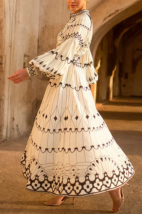 New Court Style Elegant Long-sleeved Belt Buckle Print Dress CODE: KAR3762