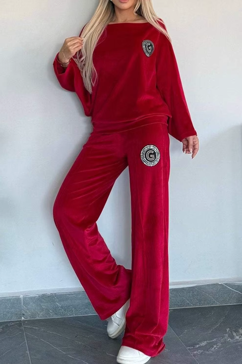 New Fashion Autumn Winter Velvet Solid O-Neck Bat Sleeve Set  CODE: KAR3764