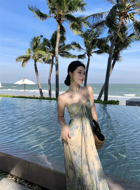 New Long Sleeveless Vacation Beautiful Lace Print Slimming Coastal Style Gown Dress CODE: KAR3768