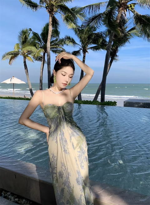 New Long Sleeveless Vacation Beautiful Lace Print Slimming Coastal Style Gown Dress CODE: KAR3768