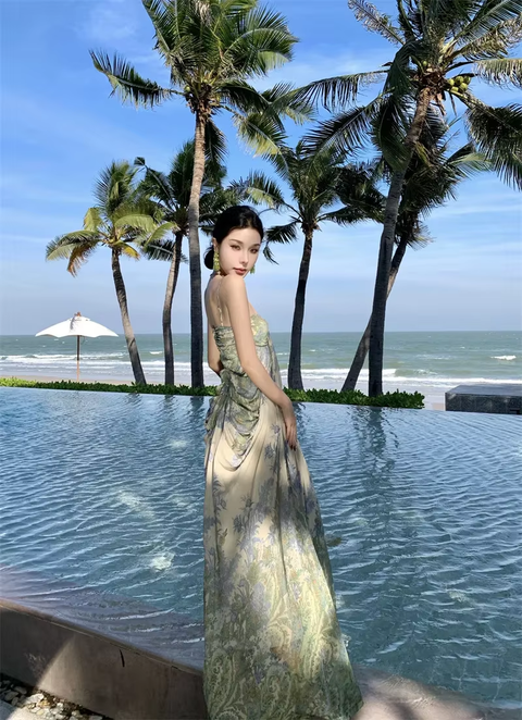New Long Sleeveless Vacation Beautiful Lace Print Slimming Coastal Style Gown Dress CODE: KAR3768