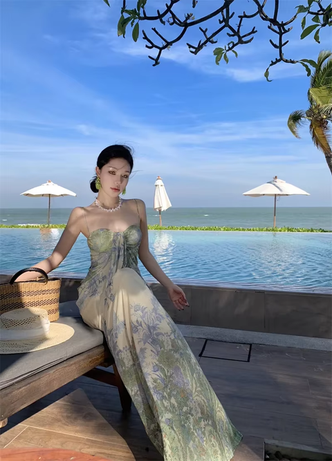 New Long Sleeveless Vacation Beautiful Lace Print Slimming Coastal Style Gown Dress CODE: KAR3768