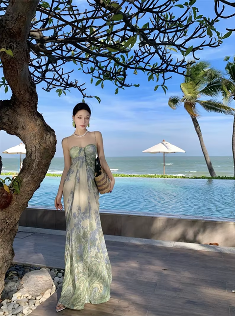 New Long Sleeveless Vacation Beautiful Lace Print Slimming Coastal Style Gown Dress CODE: KAR3768