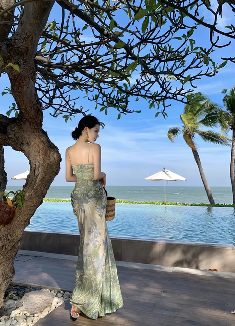 New Long Sleeveless Vacation Beautiful Lace Print Slimming Coastal Style Gown Dress CODE: KAR3768