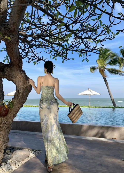 New Long Sleeveless Vacation Beautiful Lace Print Slimming Coastal Style Gown Dress CODE: KAR3768