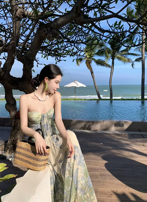 New Long Sleeveless Vacation Beautiful Lace Print Slimming Coastal Style Gown Dress CODE: KAR3768