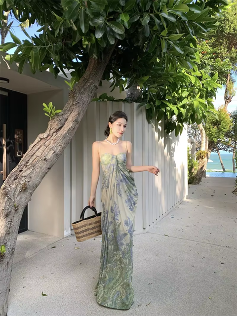 New Long Sleeveless Vacation Beautiful Lace Print Slimming Coastal Style Gown Dress CODE: KAR3768