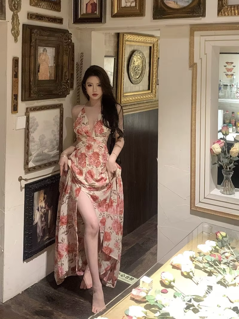 Summer Sexy Beach Style V-neck Sleeveless Flora Long Dress  CODE: KAR3771