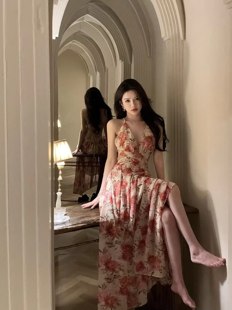 Summer Sexy Beach Style V-neck Sleeveless Flora Long Dress  CODE: KAR3771