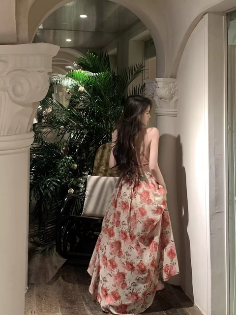 Summer Sexy Beach Style V-neck Sleeveless Flora Long Dress  CODE: KAR3771