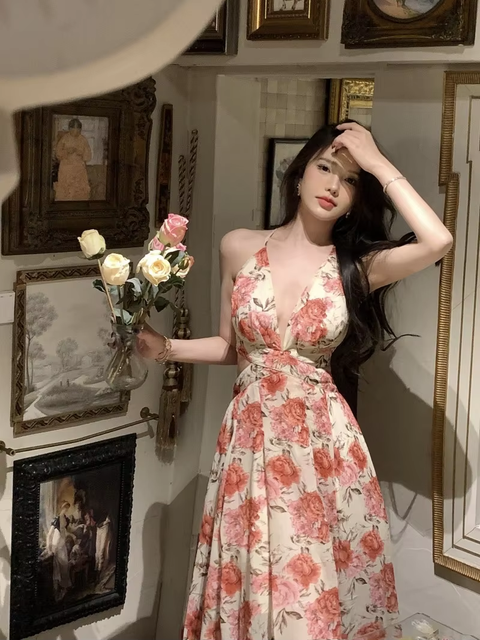 Summer Sexy Beach Style V-neck Sleeveless Flora Long Dress  CODE: KAR3771
