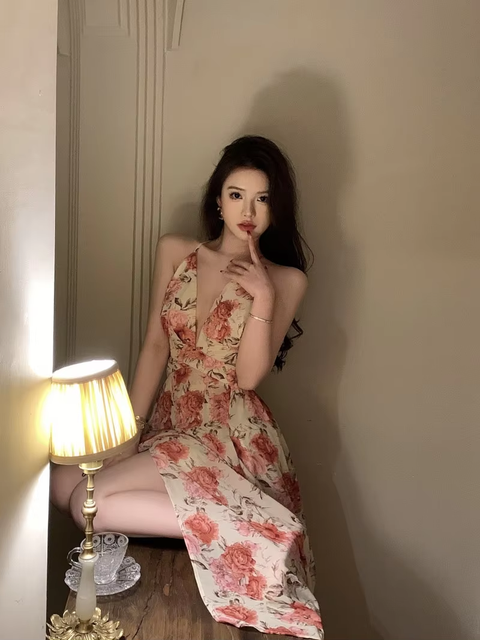 Summer Sexy Beach Style V-neck Sleeveless Flora Long Dress  CODE: KAR3771