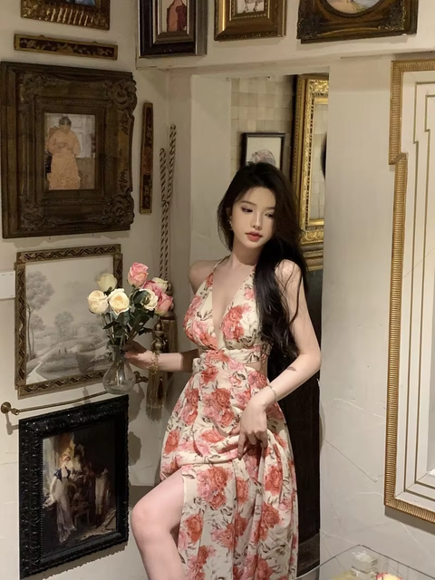 Summer Sexy Beach Style V-neck Sleeveless Flora Long Dress  CODE: KAR3771