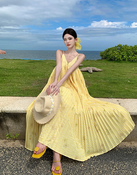 New Print V Neck Elegant Backless Pleated Slip Vacation Loose  Long Dress CODE: KAR3773