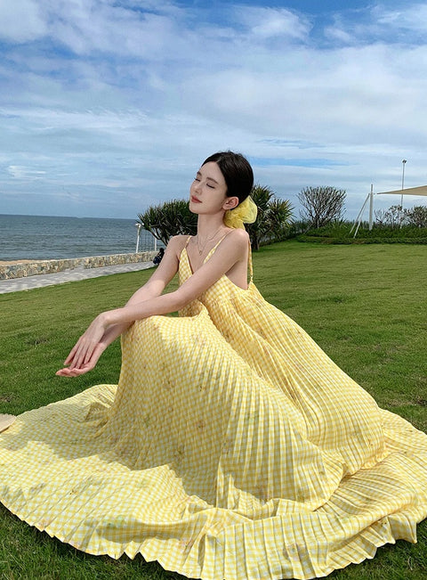 New Print V Neck Elegant Backless Pleated Slip Vacation Loose  Long Dress CODE: KAR3773