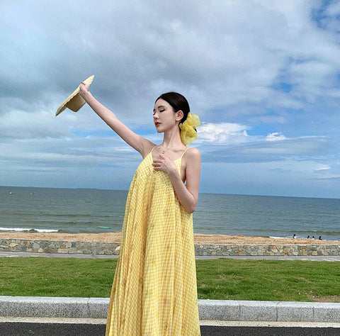 New Print V Neck Elegant Backless Pleated Slip Vacation Loose  Long Dress CODE: KAR3773