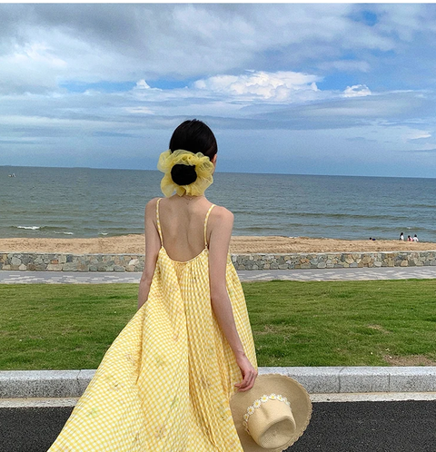 New Print V Neck Elegant Backless Pleated Slip Vacation Loose  Long Dress CODE: KAR3773