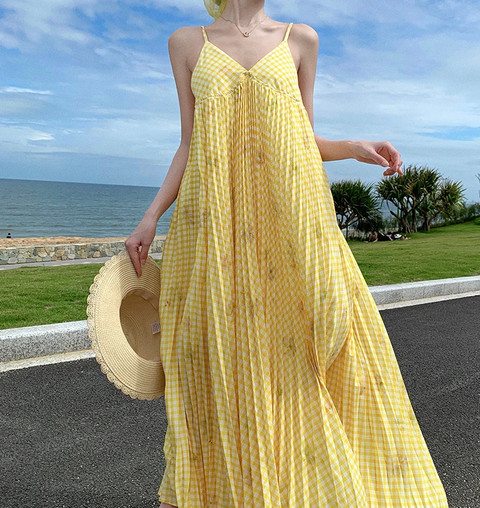 New Print V Neck Elegant Backless Pleated Slip Vacation Loose  Long Dress CODE: KAR3773