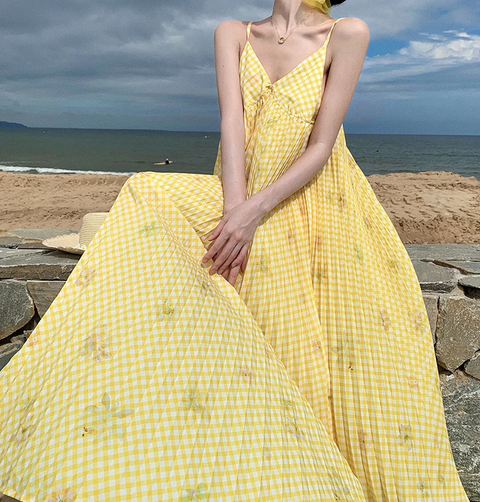 New Print V Neck Elegant Backless Pleated Slip Vacation Loose  Long Dress CODE: KAR3773