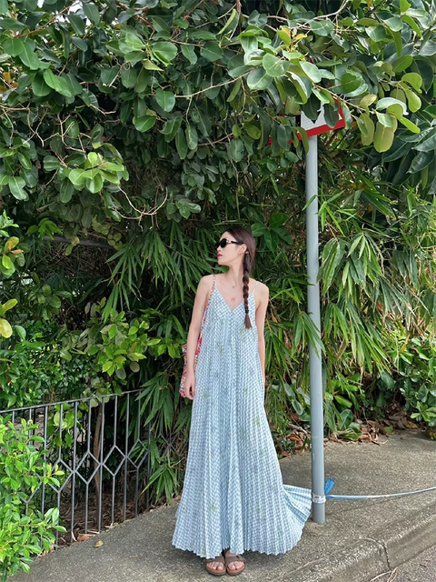 New Print V Neck Elegant Backless Pleated Slip Vacation Loose  Long Dress CODE: KAR3773