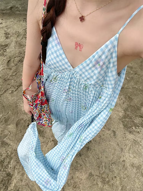 New Print V Neck Elegant Backless Pleated Slip Vacation Loose  Long Dress CODE: KAR3773