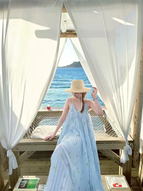 New Print V Neck Elegant Backless Pleated Slip Vacation Loose  Long Dress CODE: KAR3773