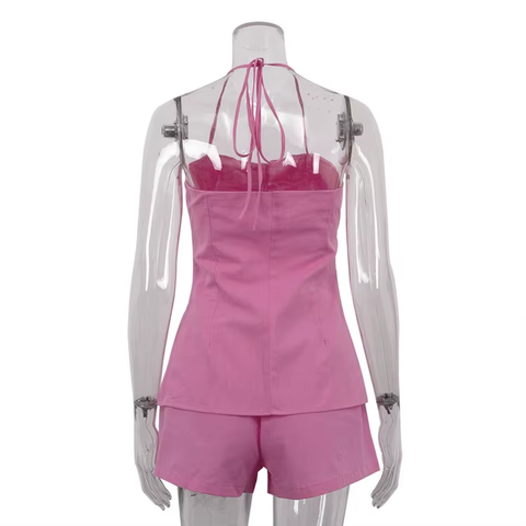 New Fashion Sexy Slim Lace-Up Solid Backless Tank Top Shorts 2 Piece-Set CODE: KAR3775