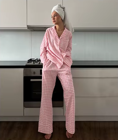 New Loose Long Sleeve Nightgown Turn-Down Collar Sleepwear Pants Casual Pajama Set CODE: KAR3776