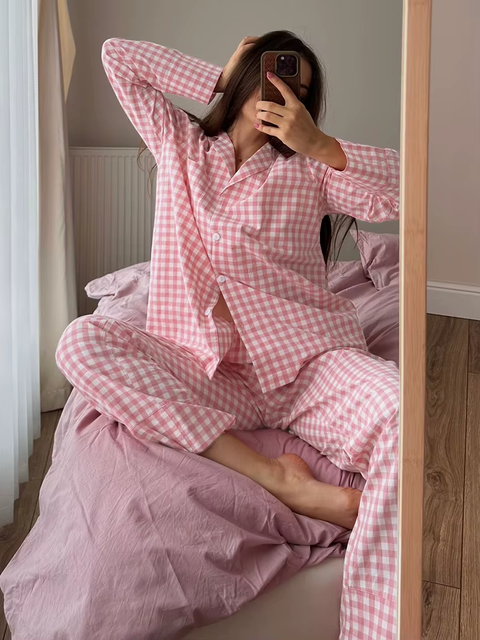 New Loose Long Sleeve Nightgown Turn-Down Collar Sleepwear Pants Casual Pajama Set CODE: KAR3776